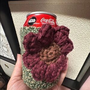 Crochet Can Cozy with Maroon Flower and Green Base